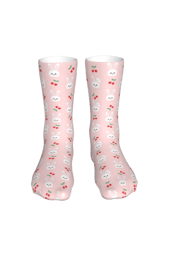 Rabbit And Cherry Print Fashion No Heel Casual Crew Socks Cushioned Breathable for Men Women - Moisture wicking,Not easy to fade Suitable for daily
