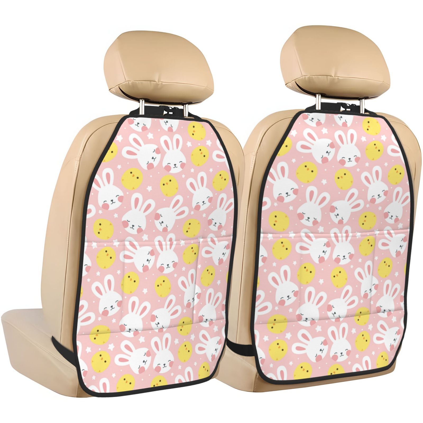Xecao Rabbit And Chick Pattern Car Seat Back Protector 2 Pack Large Capacity Pocket, Kick Mats Back Seat Protector