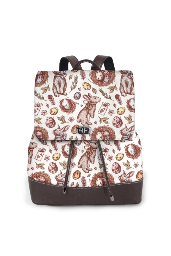 Rabbit And Egg Print Large Backpack Soft Leather for Women Travel with Compartment, Adjustable Convertible Strap