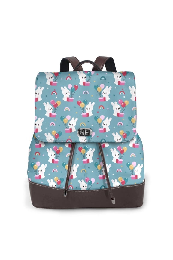 Rabbit And Rainbow Print Large Backpack Soft Leather for Women Travel with Compartment, Adjustable Convertible Strap