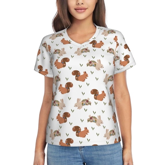 Xecao Rabbit And Squirrel for Women's V-Neck T-Shirts-Elegant Half-Sleeve Tops Perfect for Summer-Small