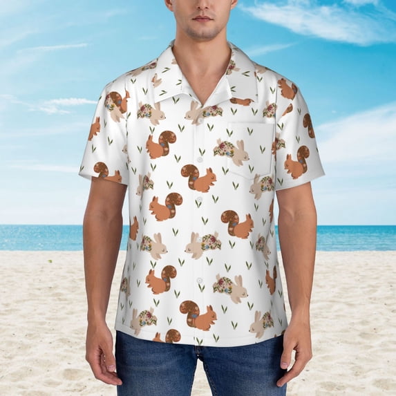 Xecao Rabbit And Squirrel print Hawaiian shirt - a stylish short-sleeve button-down for men, perfect for casual beach and tropical outings.