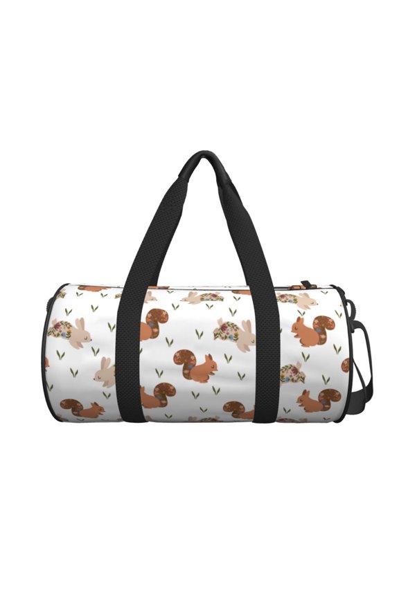 Rabbit And Squirrel print Round Travel Duffel Bag is a foldable gym bag with an inner pocket, perfect for travel sports