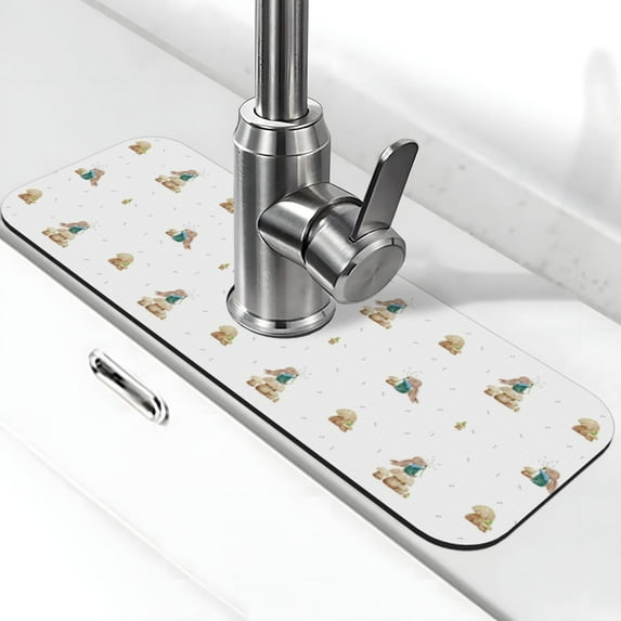 Xecao Rabbit Blowing Dandelions for Kitchen Sink Splash Guard Faucet Mat , Faucet Guard & Draining mat, (15" X 5.5" )
