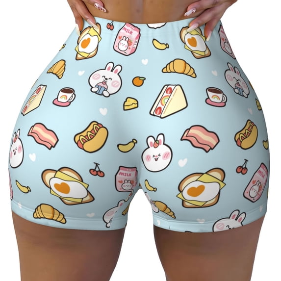 Xecao Rabbit Burger Coffee Print Workout Shorts for Women Soft Smooth Gym Yoga Scrunch Active Tennis Workout Running Shorts