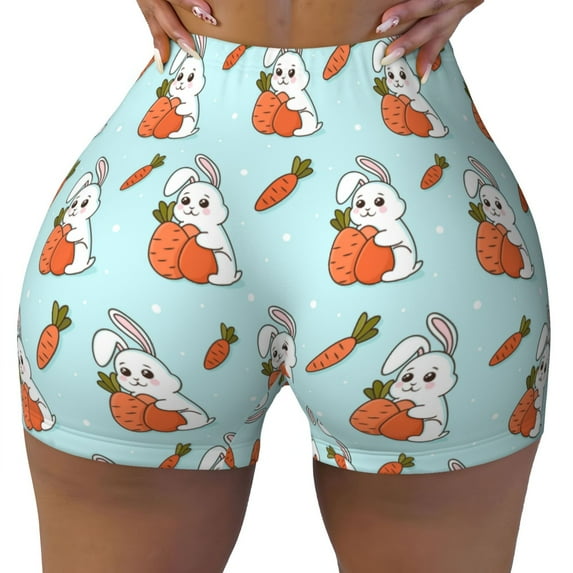 Xecao Rabbit Is Eating Carrots Print Workout Shorts for Women Soft Smooth Gym Yoga Scrunch Active Tennis Workout Running Shorts