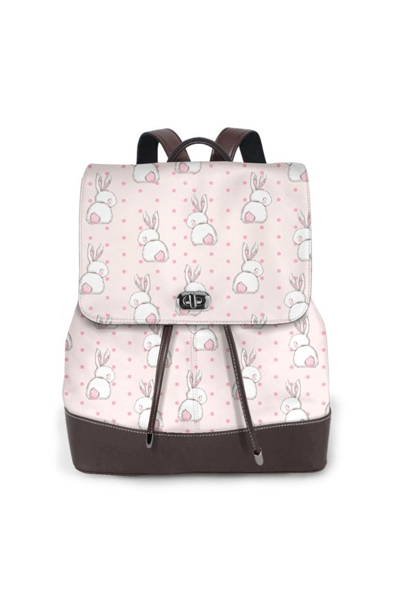 Rabbit Print Large Backpack Soft Leather for Women Travel with Compartment, Adjustable Convertible Strap