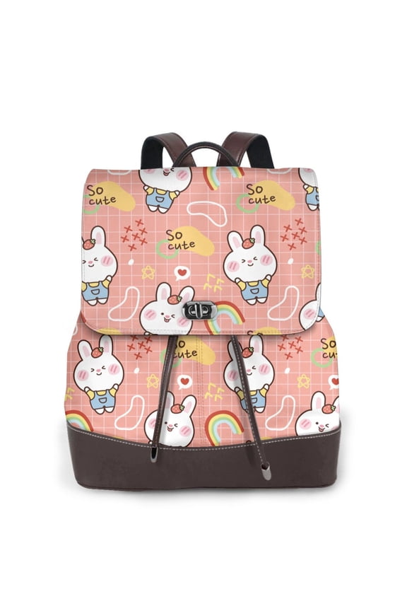 Rabbit So Cute Print Large Backpack Soft Leather for Women Travel with Compartment, Adjustable Convertible Strap