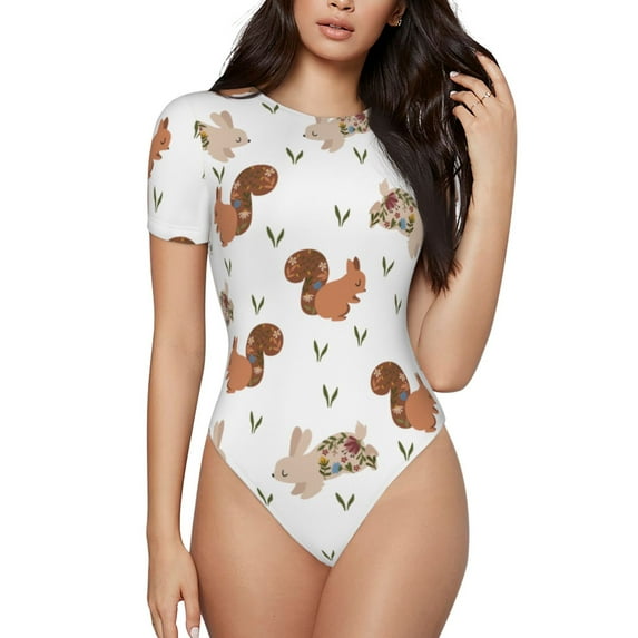 The Xecao Rabbit And Squirrel Women's Crew Neck Body Suit, a short-sleeved bodysuit and basic swimsuit, both comfort and style for dating and daily life