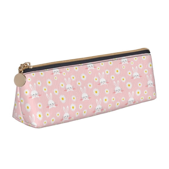 Xecao Rabbit Sunflower Print Leather Pencil Case -Stationery Bag Pen Holder for Work & Office