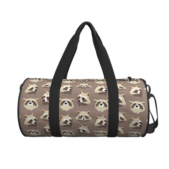 Xecao Raccoon print Round Travel Duffel Bag is a foldable gym bag with an inner pocket, perfect for travel sports
