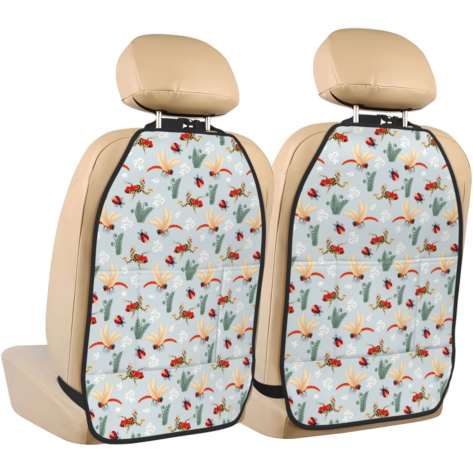 Xecao Ragonfly And Ladybug Pattern Car Seat Back Protector 2 Pack Large Capacity Pocket, Kick Mats Back Seat Protector