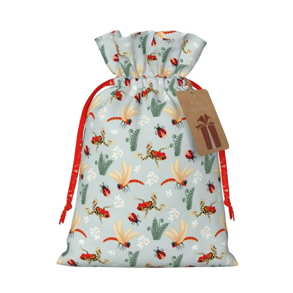 Xecao Ragonfly And Ladybug Print Burlap Gift Bags with Drawstring and Gift Tags, Gift Bags, Burlap Bags, Jute Bags for Party, Christmas, DIY Craft Bags-Medium