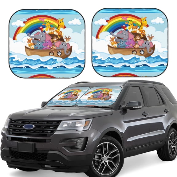 Xecao Rainbow Animals on Noah's Ark for Foldable Car Sun Shades (2-Pack) offer sun protection with an easy-fold design for convenient windshield shading.