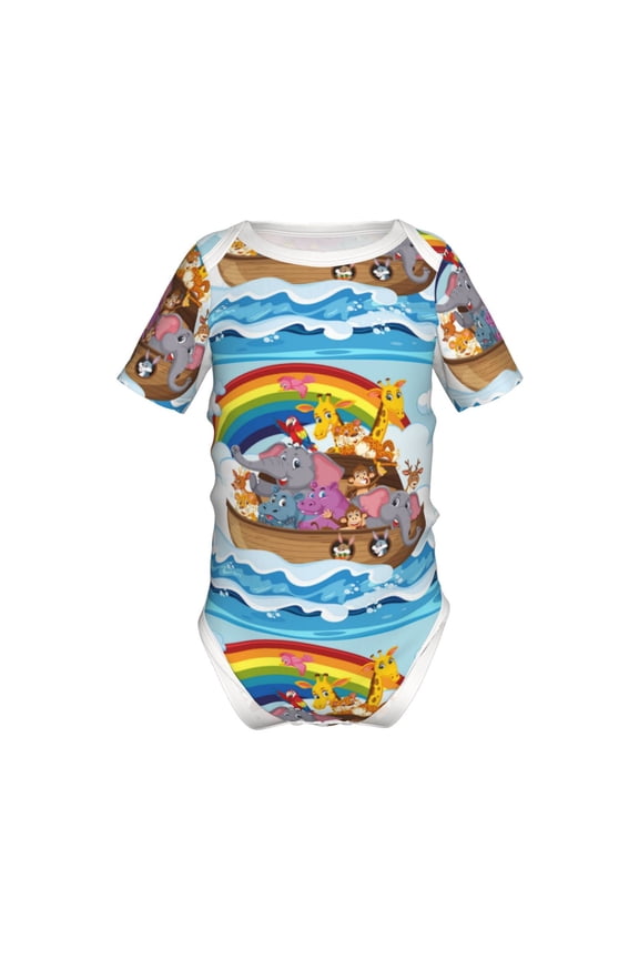 Rainbow Animals on Noah's Ark Pattern Baby Climbing Bodysuit Short Sleeve Onesie Unisex 0-12 Months Baby Shirt Newborn Outfits Crotch snap design-9M