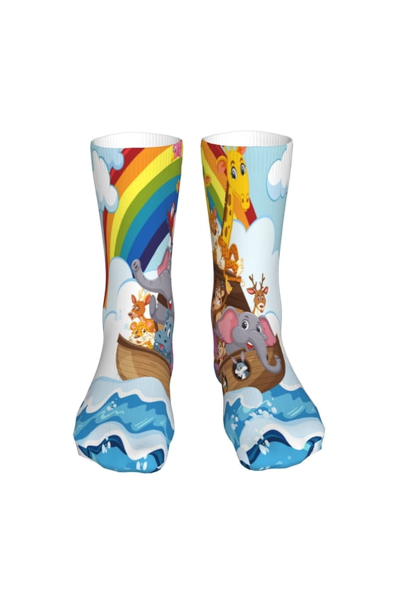 Rainbow Animals on Noah's Ark Print Fashion No Heel Casual Crew Socks Cushioned Breathable for Men Women - Moisture wicking,Not easy to fade Suitable for daily