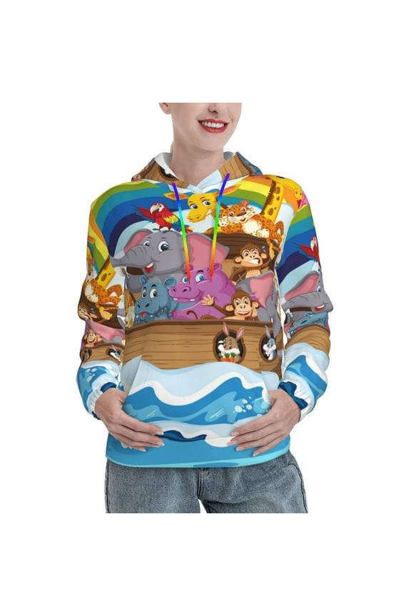 Rainbow Animals on Noah's Ark Pattern Hoodies for Women Sweatshirts Long Sleeve Sweatshirts Pullover Outfits with Pocket-XX-Large
