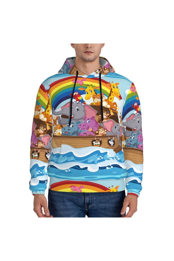 Rainbow Animals on Noah's Ark Pattern Men's Adult Pullover Hoodie,Hooded Sweatshirt-4X-Large