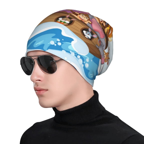 Xecao Rainbow Animals on Noah's Ark Print Beanie Knitted Hat for Men Women, Winter Fashion Knit Cuffed Caps Unisex