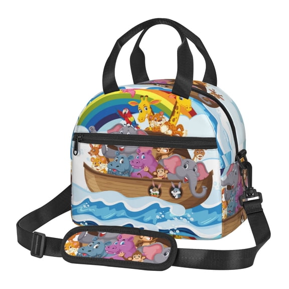 Xecao Rainbow Animals on Noah's Ark Print Insulated Lunch Box, Lunch Cags Lunch Bag Featuring An Adjustable Shoulder Strap