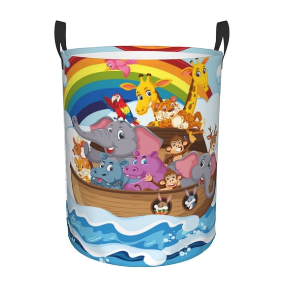 Xecao Rainbow Animals on Noah's Ark Print Laundry Hamper Basket,designed for Blanket Storage and Nursery Clothes in the Bedroom