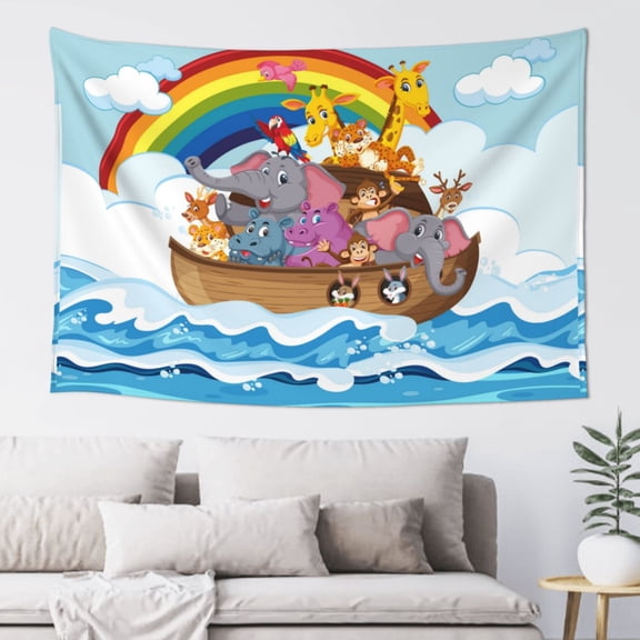 Xecao Rainbow Animals on Noah's Ark Print Tapestry, Wall Hanging Room Funny Decor, Backdrop Room Decor for Bedroom Living Room dormitory