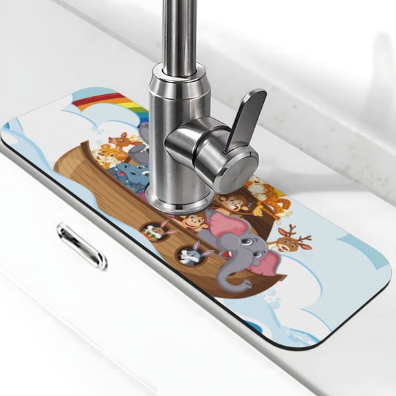 Xecao Rainbow Animals on Noah's Ark for Kitchen Sink Splash Guard Faucet Mat , Faucet Guard & Draining mat, (15" X 5.5" )