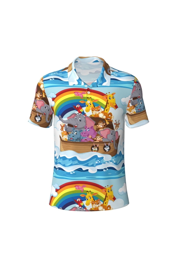 Rainbow Animals on Noah's Ark for Mens' Casual Short Sleeve Button-Down Polo Shirts for a Classic Golf Look