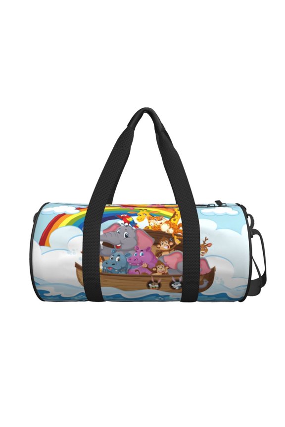Rainbow Animals on Noah's Ark print Round Travel Duffel Bag is a foldable gym bag with an inner pocket, perfect for travel sports