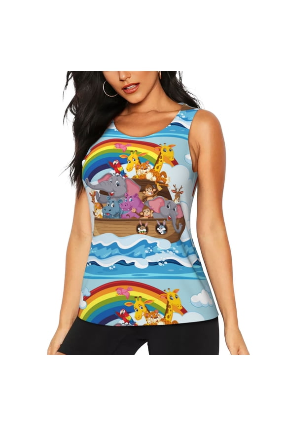 Rainbow Animals on Noah's Ark print women's scoop neck, loose-fit workout tank tops for the gym.