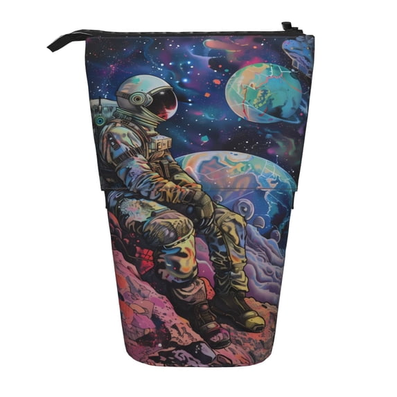 Xecao Rainbow Astronaut Space Landscape Print Telescopic Pencil Bag Pen Holder Pop Up Stationery Case Stand-up Retractable Transformer Bag Standing Organizer