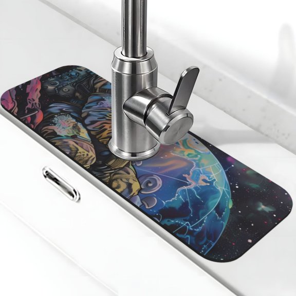 Xecao Rainbow Astronaut Space Landscape for Kitchen Sink Splash Guard Faucet Mat , Faucet Guard & Draining mat, (15" X 5.5" )