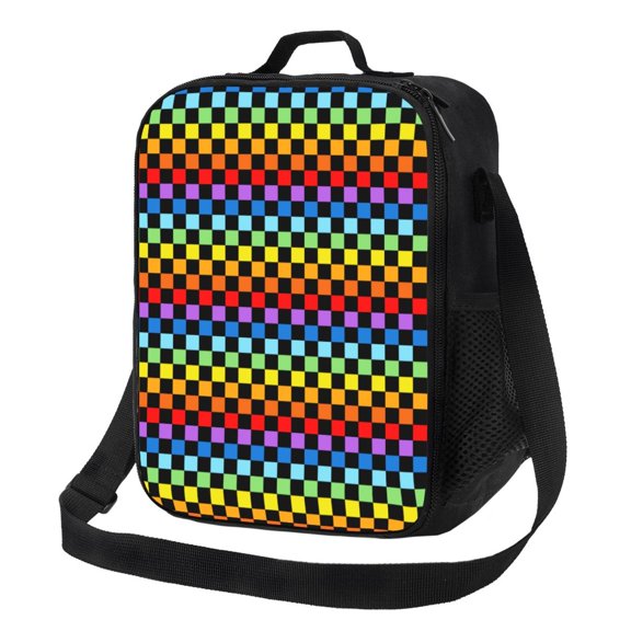 Xecao Rainbow Chequerboard Print Lunch Bag - Durable, Double-Insulated Lunch Bag, Holds Lunch Box, Water Bottle, & Snacks,Leakproof Cooler Tote Bag