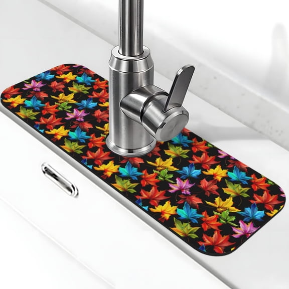 Xecao Rainbow Colorful Maple Leaves for Kitchen Sink Splash Guard Faucet Mat , Faucet Guard & Draining mat, (15" X 5.5" )