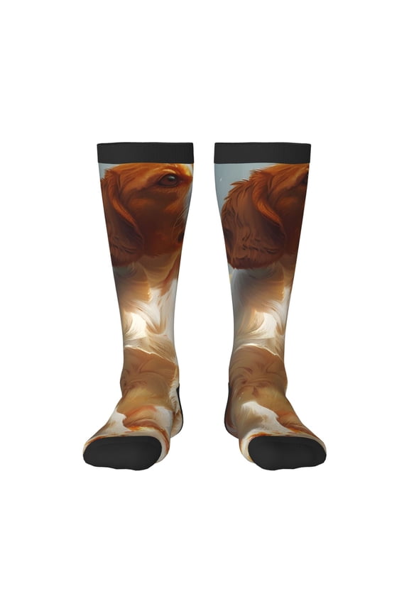 Rainbow English Cocker Spaniel print thigh-high socks, crafted for both men and women with a stretchy, high-opaque design perfect for daily wear