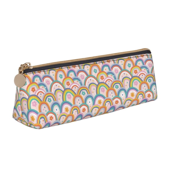 Xecao Rainbow Flowers Print Leather Pencil Case -Stationery Bag Pen Holder for Work & Office