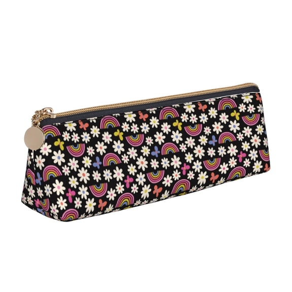 Xecao Rainbow Flowers Print Leather Pencil Case -Stationery Bag Pen Holder for Work & Office