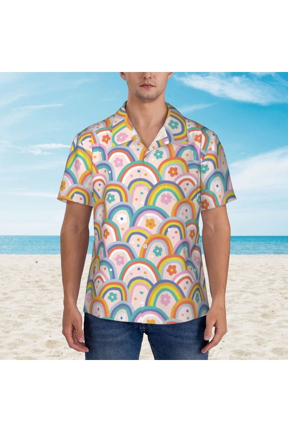 Rainbow Flowers print Hawaiian shirt - a stylish short-sleeve button-down for men, perfect for casual beach and tropical outings.