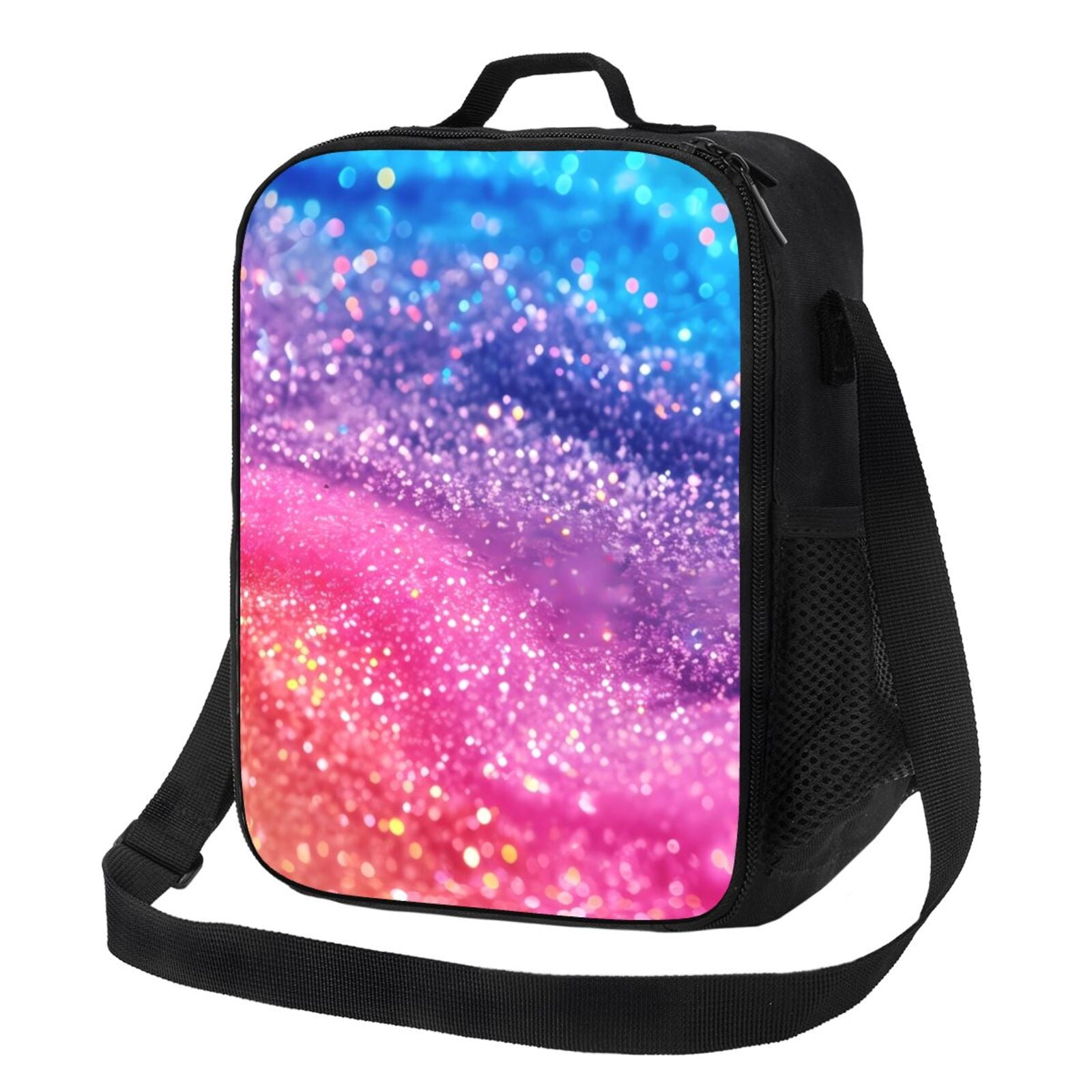 Xecao Rainbow Glitter Cute Print Lunch Bag - Durable, Double-Insulated Lunch Bag, Holds Lunch Box, Water Bottle, & Snacks,Leakproof Cooler Tote Bag