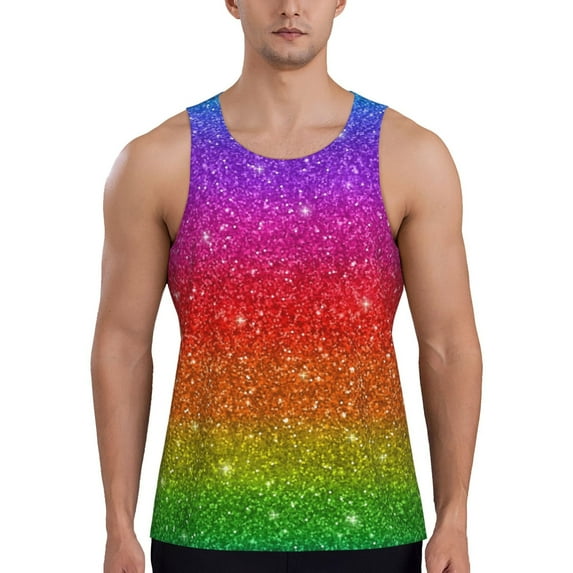 Xecao Rainbow Glitter Men's Tank Top Workout Quick Dry Sleeveless Gym Jogging Muscle Shirts Summer Swim Beach Tops