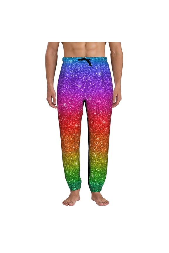 Rainbow Glitter Print Active Tech Joggers for Men, Mens Sweatpants Lounge Pants with Pockets-X-Large