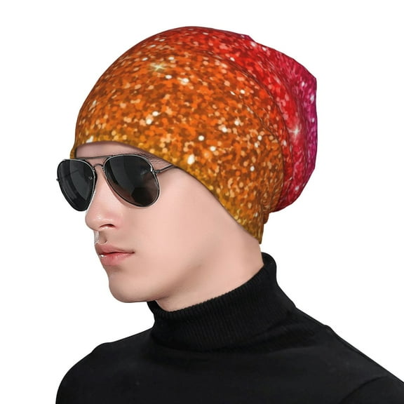 Xecao Rainbow Glitter Print Beanie Knitted Hat for Men Women, Winter Fashion Knit Cuffed Caps Unisex