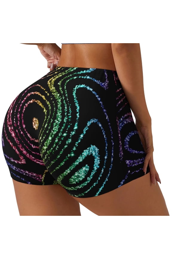 Rainbow Glitter Print Workout Shorts for Women Soft Smooth Gym Yoga Scrunch Active Tennis Workout Running Shorts-
