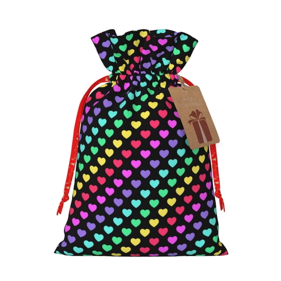 Xecao Rainbow Hearts Print Burlap Gift Bags with Drawstring and Gift Tags, Gift Bags, Burlap Bags, Jute Bags for Party, Christmas, DIY Craft Bags-Small
