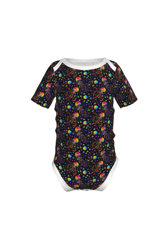 Rainbow Jellyfishes Pattern Baby Climbing Bodysuit Short Sleeve Onesie Unisex 0-12 Months Baby Shirt Newborn Outfits Crotch snap design-9M
