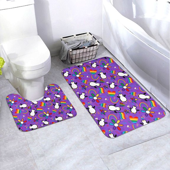 Xecao Rainbow Lgbt Penguin 2-Piece Vintage Seamless Anti-Skid Mat Set, featuring a stylish pattern for a safe and elegant toilet rug experience