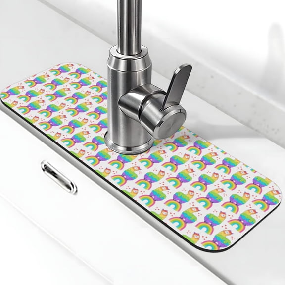 Xecao Rainbow Llama for Kitchen Sink Splash Guard Faucet Mat , Faucet Guard & Draining mat, (15" X 5.5" )