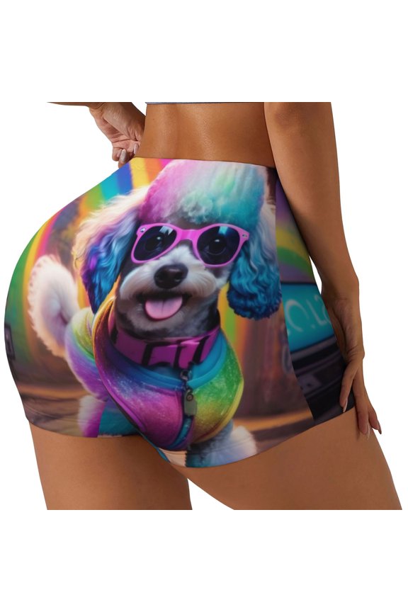 Rainbow Poodle Urban Street Print Workout Shorts for Women Soft Smooth Gym Yoga Scrunch Active Tennis Workout Running Shorts-Medium