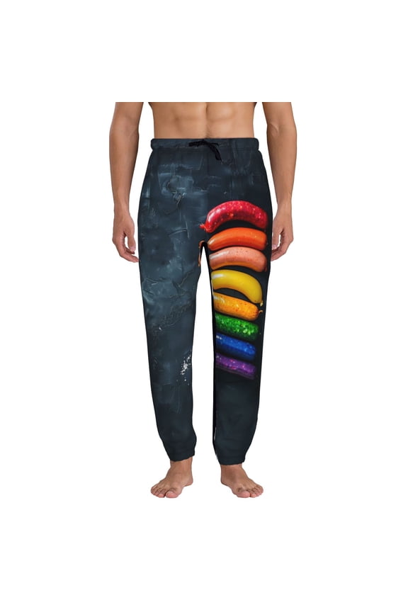 Rainbow Sausages On Dark Slate Print Active Tech Joggers for Men, Mens Sweatpants Lounge Pants with Pockets-Large