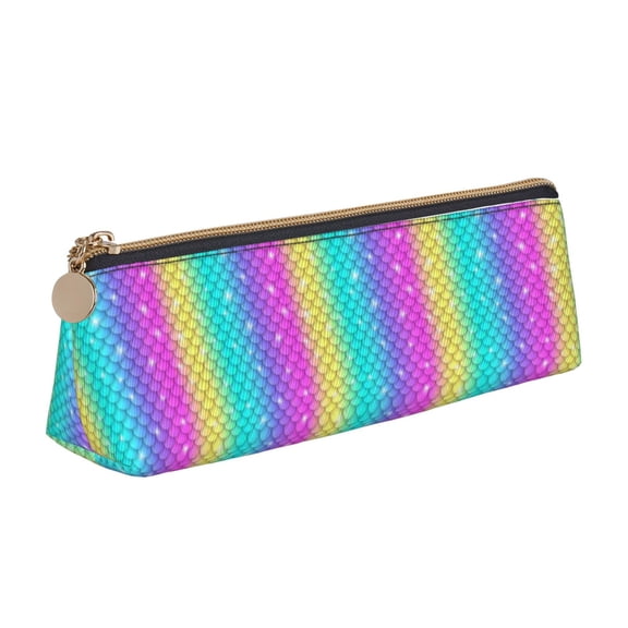 Xecao Rainbow Scales2 Print Leather Pencil Case -Stationery Bag Pen Holder for Work & Office